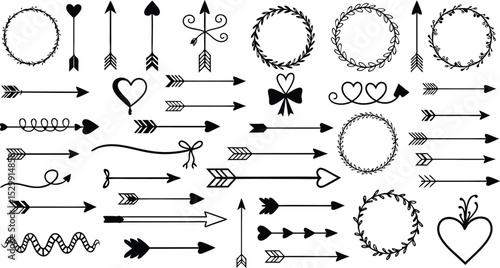 Hand drawn arrows hearts wreaths and bows collection of decorative design elements vector illustration set