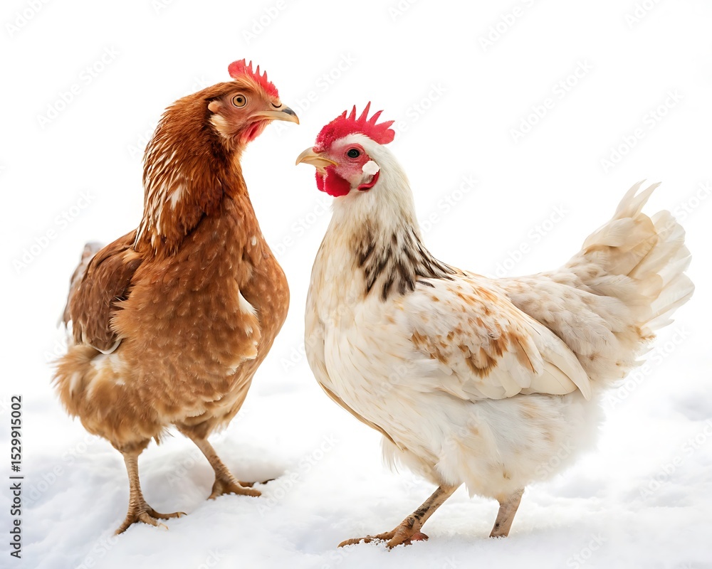 Fototapeta premium Two chickens in the snow farm animals poultry birds white chicken brown chicken farm winter scene fowl