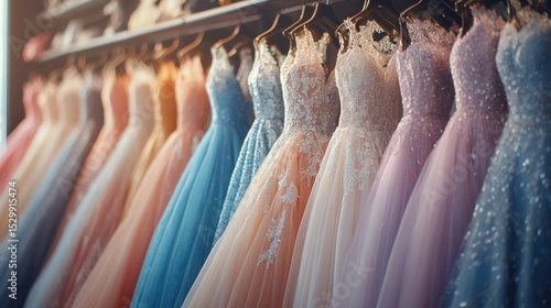 Colorful gowns on hangers, store display