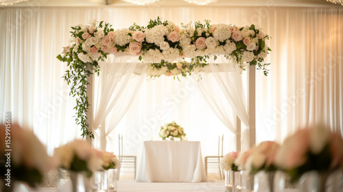 A brides bouquet and a wine glass are featured beneath a wedding chuppah in a simple, elegant setup.