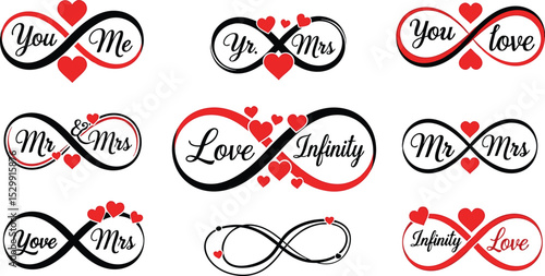 Various infinity symbol designs with hearts representing love, forever, and romantic relationships