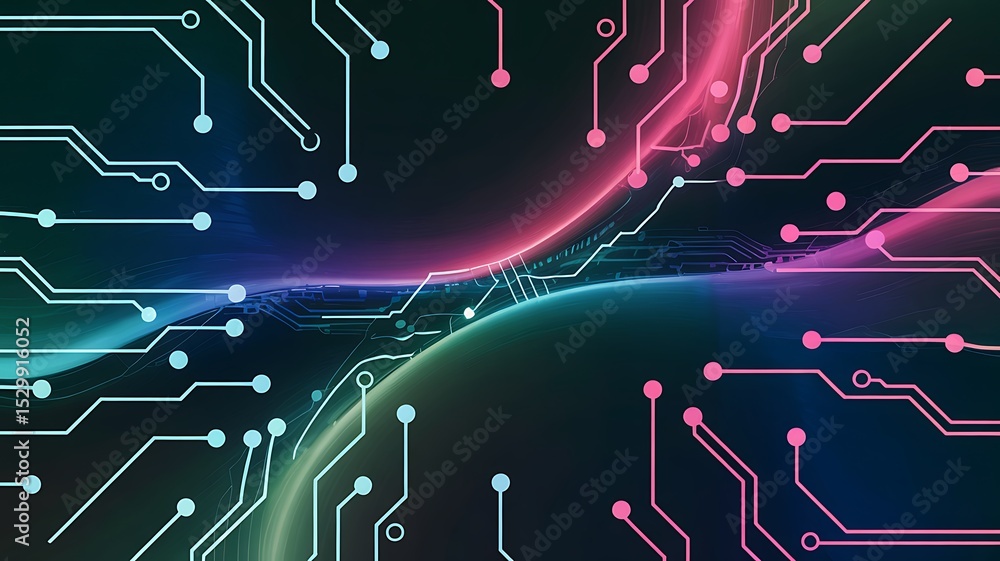 Abstract rendering of circuit board with pink and blue lights on a dark background design style Abstract rendering of circuit board with pink and blue lights on a dark background design style