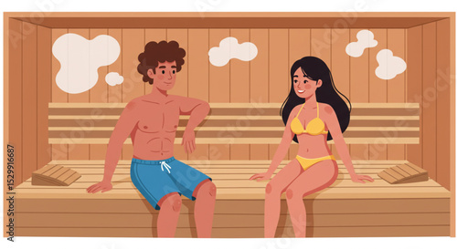 Cartoon Loving Couple in Sauna Vector Illustration