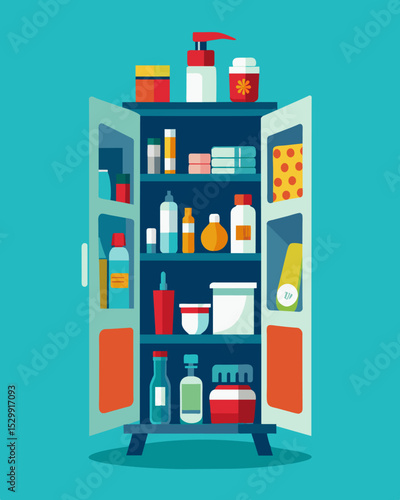 A bathroom cabinet full of unused and expired beauty products and medications.. Vector illustration