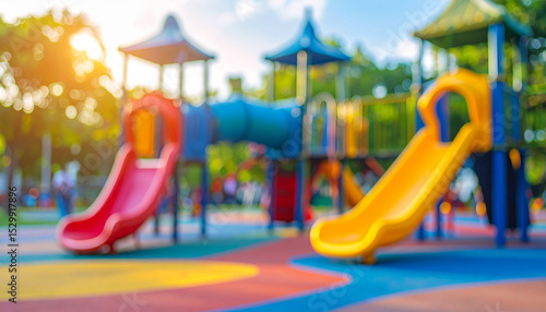 Wallpaper Mural Blurred backdrop of outdoor children playground with colorful climbing structures slides and tunnels Torontodigital.ca