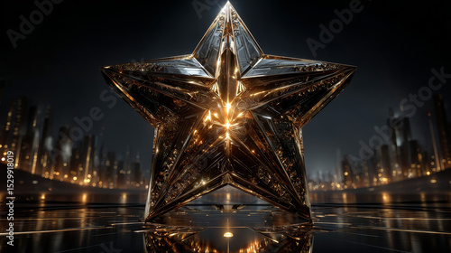 Abstract golden neon luminous star on black background. Glowing yellow discontinuous object with soft light effect. Vector illustration of shining frame, template for nightclub party design
