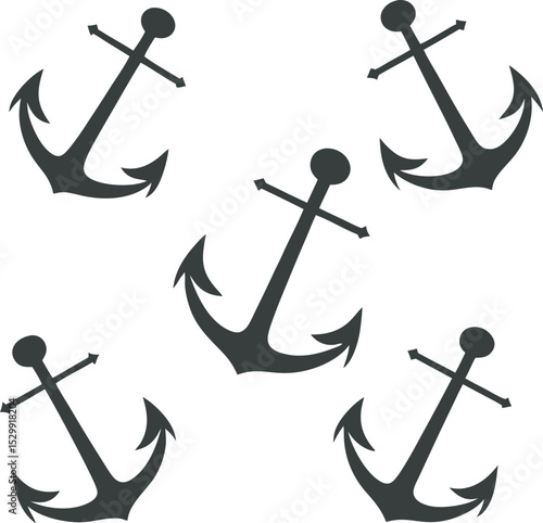 Nautical Anchor Pattern – Set of Five Dark Gray Maritime Anchors with Rounded Tops, Crossbars, and Symmetrical Flukes on White Background for Coastal-Themed Designs