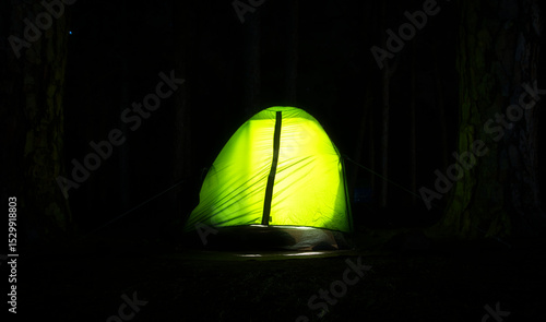A tent in the meddle of pine tree in the forest, night view whit star sky outdoor, lifestyle concept.
