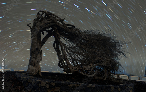 La SABINA tree a monument of el hierro canary island, in the night starry sky, the symbol of the natural element fight.