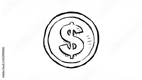 Hand drawn coin with dollar sign turning black and white 2d loopable animation