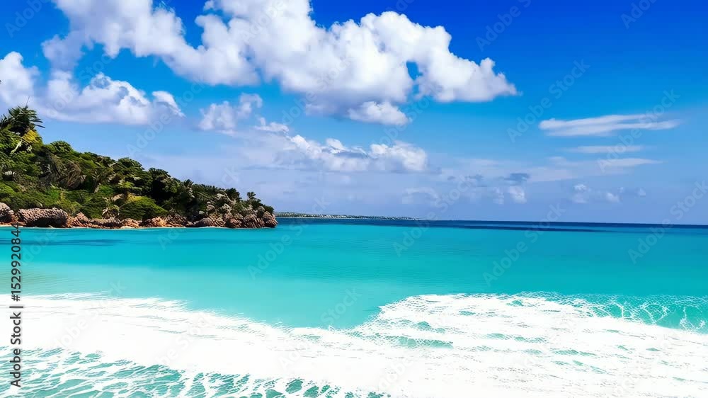 Relaxing tropical vacation scene featuring seashells on a white sand beach with clear turquoise ocean and lush green coastline under a sunny sky. Relaxing tropical vacation scene featuring seashells on a white sand beach with clear turquoise ocean and lush green coastline under a sunny sky.