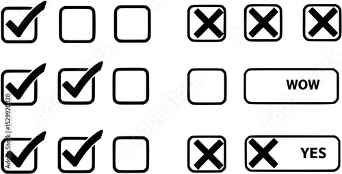 tick mark icon button set. check box icon with right and wrong buttons and yes or no check mark icons in green tick box and red cross box.
