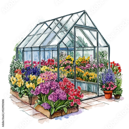 Greenhouse Filled Spring Blooms, watercolor drawing vector, isolated on a white background.