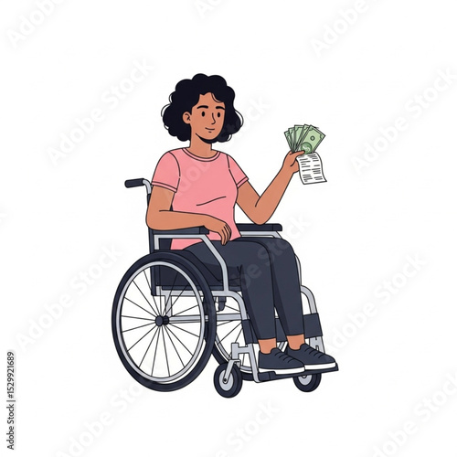 Cartoon Young Woman in Wheelchair Holding Money Vector Illustration