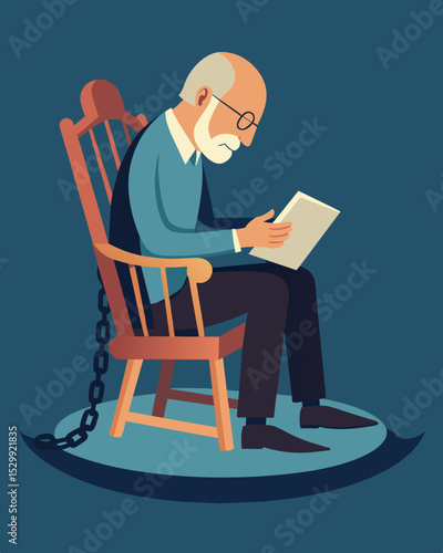 An old man sat in a rocking chair his body covered in chains that seemed to weigh him down. His eyes were lost in sadness as he read the words etched onto each link reminding him. Vector illustration