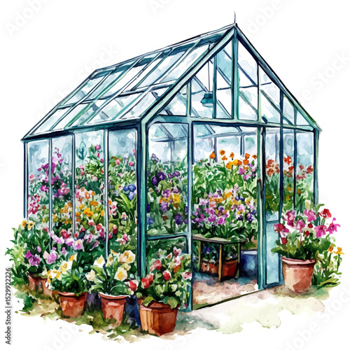 Greenhouse Filled Spring Blooms, watercolor clipart vector, isolated on a white background.