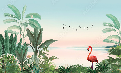 Photography Subtle Safari Animals Wallpaper: Flamingo, Birds, Palms & Pink Blue Sky Jungle