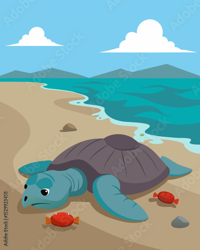 A dead sea turtle washed up on shore with its stomach full of plastic bags a heartbreaking sight.. Vector illustration