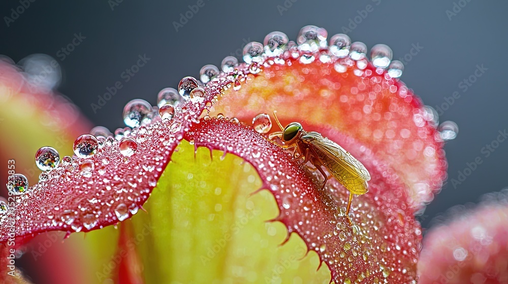 Fototapeta premium Close-up of a fly resting on a dewy pitcher plant.