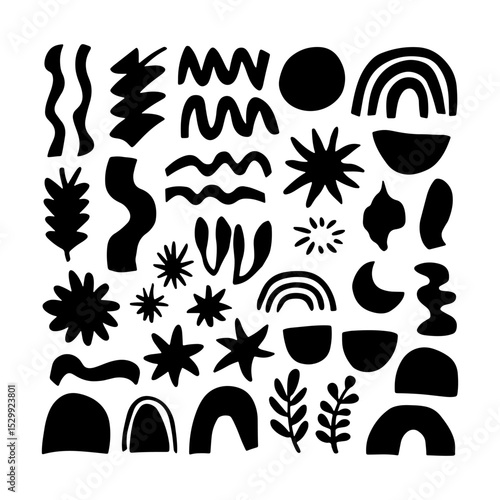 Abstract Organic Icons. Bold collection of abstract black icons inspired by nature, featuring leaves, plants, and wavy lines in modern form.