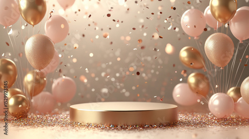 A golden 3D podium setup for a birthday or celebration, with balloons, confetti, and a premium display scene. 