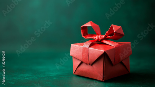 A handcrafted birthday gift box made from origami paper, set against a dark green background. 