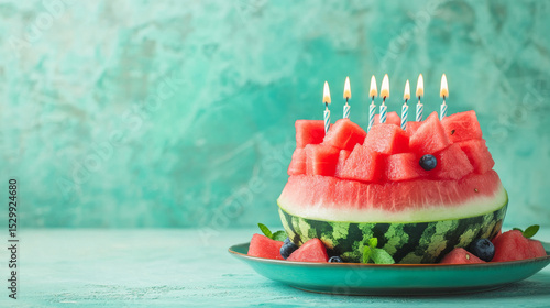 A healthy watermelon cake topped with candles set against a teal-colored background. 