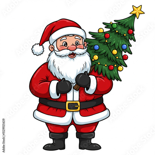  Cartoon Santa Claus Carrying Decorated Fir Tree – Christmas Vector Illustration