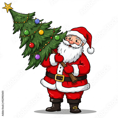 Cartoon Santa Claus Carrying Christmas Tree Vector Illustration