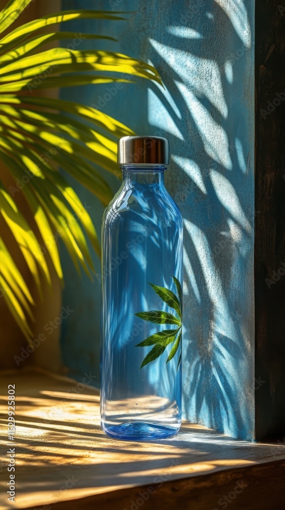 Blue Glass Water Bottle with Leaf Sunlit Still Life Tropical Setting Blue Glass Water Bottle with Leaf Sunlit Still Life Tropical Setting