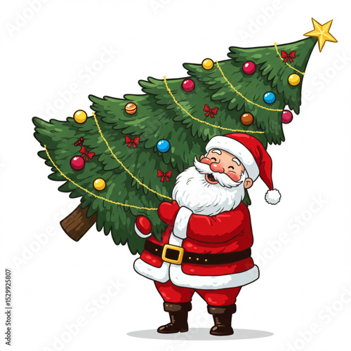 Cartoon Santa Claus Carrying Christmas Tree Vector Illustration