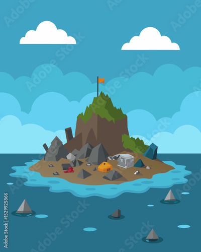 A desolate wasteland of discarded waste piled high and forming a makeshift island in the middle of the ocean.. Vector illustration