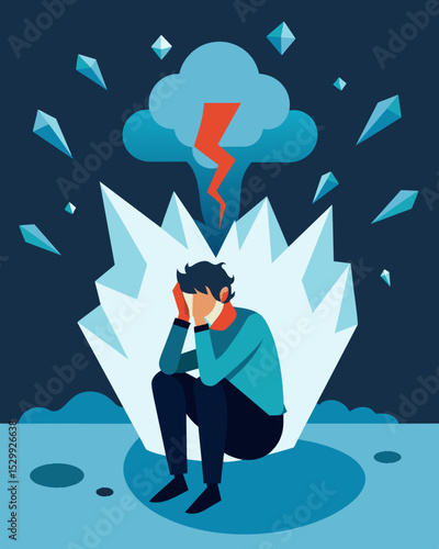 Despite the persons best attempts the hidden mass of their emotional iceberg began to crack and crumble threatening to swallow them whole.. Vector illustration