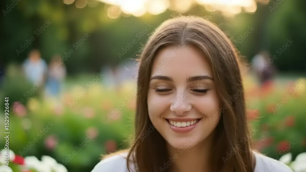 Smiling Woman Portrait in Lush Flower Garden with Bokeh Background and Golden Hour Lighting Smiling Woman Portrait in Lush Flower Garden with Bokeh Background and Golden Hour Lighting