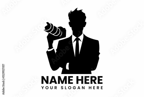 Professional male silhouette vector logo in a suit holding a camera, representing a photographer or visual artist. Photography concept