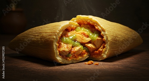 A halved tamale filled with chicken and green sauce on a dark wooden surface with steam rising up