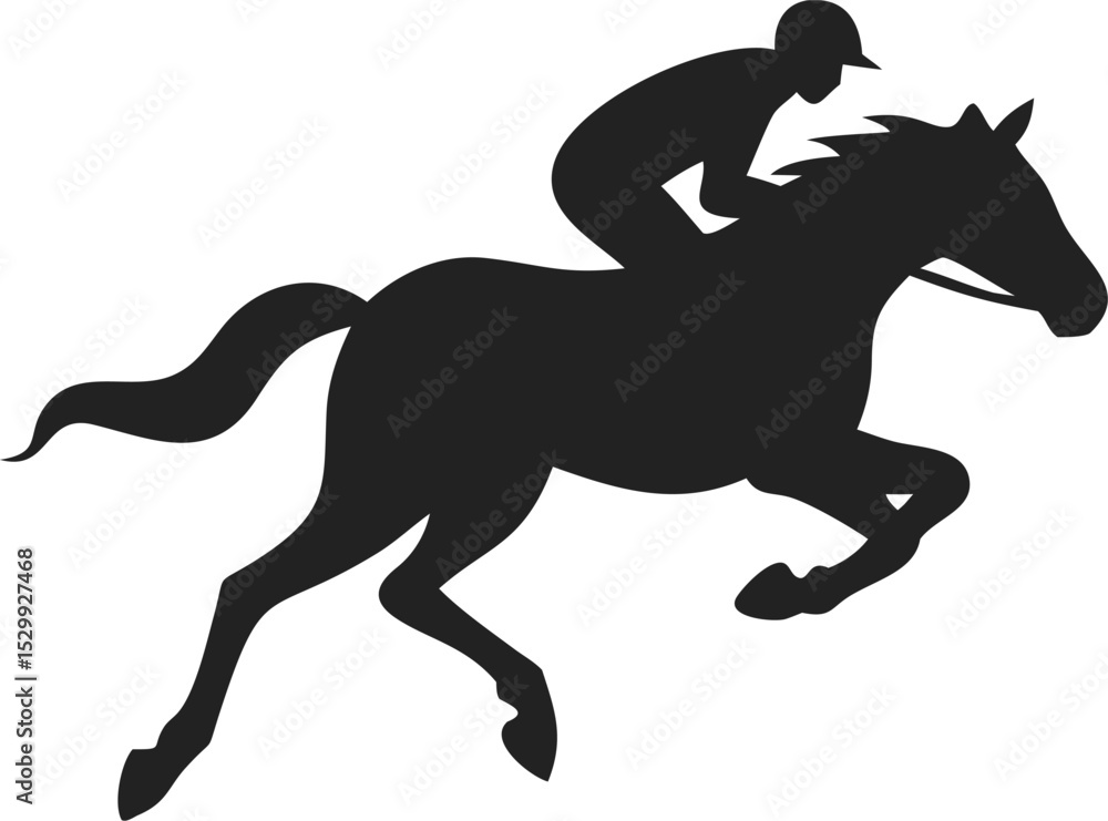 Silhouetted Image of Galloping Horse with Crouched Rider – Black Figure on White Background Emphasizing Speed, Motion, and Power, Perfect for Equestrian Themes, Sports Graphics, and Dynamic Design Silhouetted Image of Galloping Horse with Crouched Rider – Black Figure on White Background Emphasizing Speed, Motion, and Power, Perfect for Equestrian Themes, Sports Graphics, and Dynamic Design