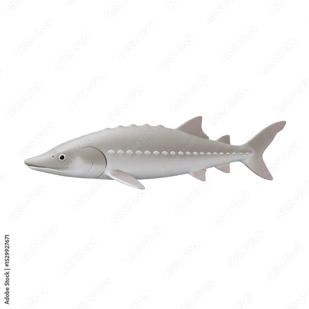 Fototapeta premium 3D cartoon sturgeon fish with pointed snout and fin details, isolated on transparent background