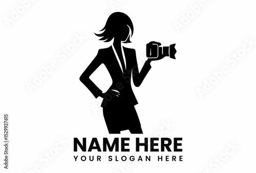 Professional female silhouette in a suit holding a camera, representing a photographer or visual artist. Photography concept