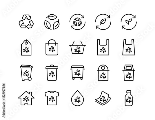 Recycling Vector Icon Set | Adjustable Line Weight | Eco, reuse, sustainability, bin, waste, environment, bag, trash, plastic, green, paper, reduce, container icons