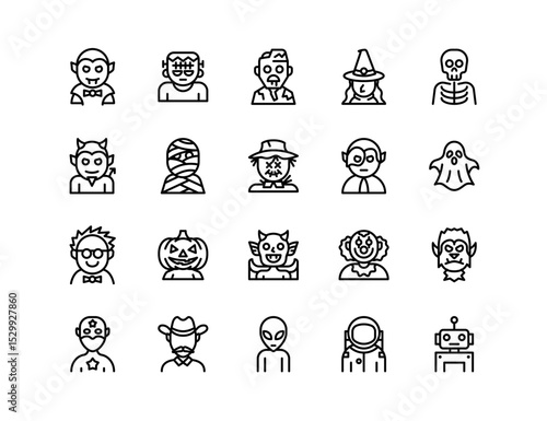 Halloween Characters Vector Icon Set | Adjustable Line Weight | Vampire, zombie, mummy, witch, ghost, skeleton, monster, clown, pumpkin, alien, werewolf, scarecrow icons