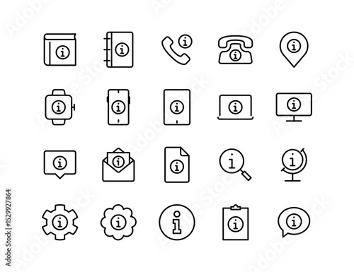 Information Vector Icon Set | Adjustable Line Weight | Smartwatch, smartphone, laptop, help, info, contact, guide, support, search, communication, globe, book icons