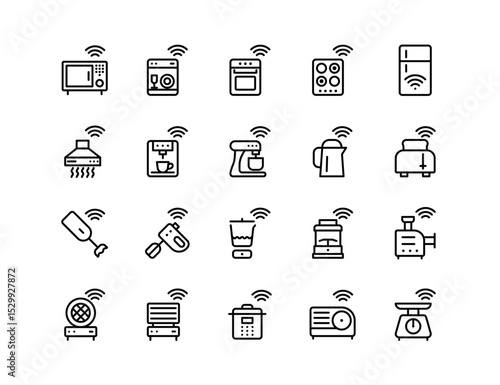 Smart Home Vector Icon Set | Adjustable Line Weight | Appliances, kitchen, connected, IoT, fridge, oven, blender, microwave, scale, juicer, toaster, AI, automation, wifi icons