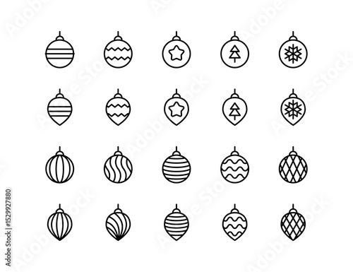 Christmas Ornaments Vector Icon Set | Adjustable Line Weight | Baubles, decorations, tree, festive, holiday, snowflake, star, striped, pattern, winter, celebration icons