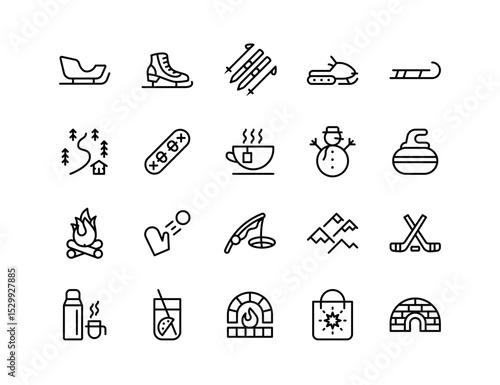 Winter Activities Vector Icon Set | Adjustable Line Weight | Skiing, snowboarding, sledding, hot drink, snowman, campfire, curling, snowball, hiking, igloo, fireplace icons