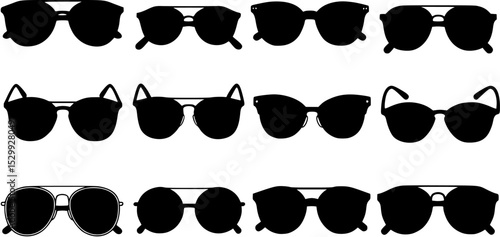 Sunglasses vector collection, modern vintage styles, fashionable eyewear silhouettes, black sunglasses illustration, white background, perfect for fashion designs, icons, graphics