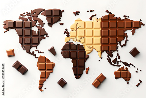 Fototapeta Naklejka Na Ścianę i Meble -  Creative chocolate bar shaped into a detailed world map on white background, symbolizing global chocolate day and international sweetness