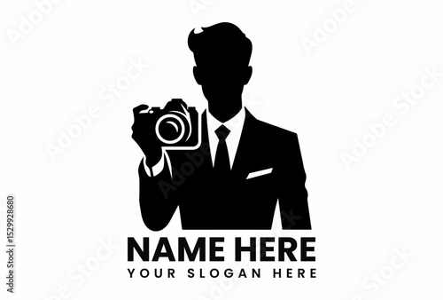 Professional male silhouette vector logo in a suit holding a camera, representing a photographer or visual artist. Photography concept
