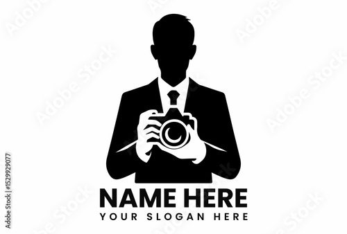 Professional black silhouette vector logo of male photographer holding camera for photography business branding