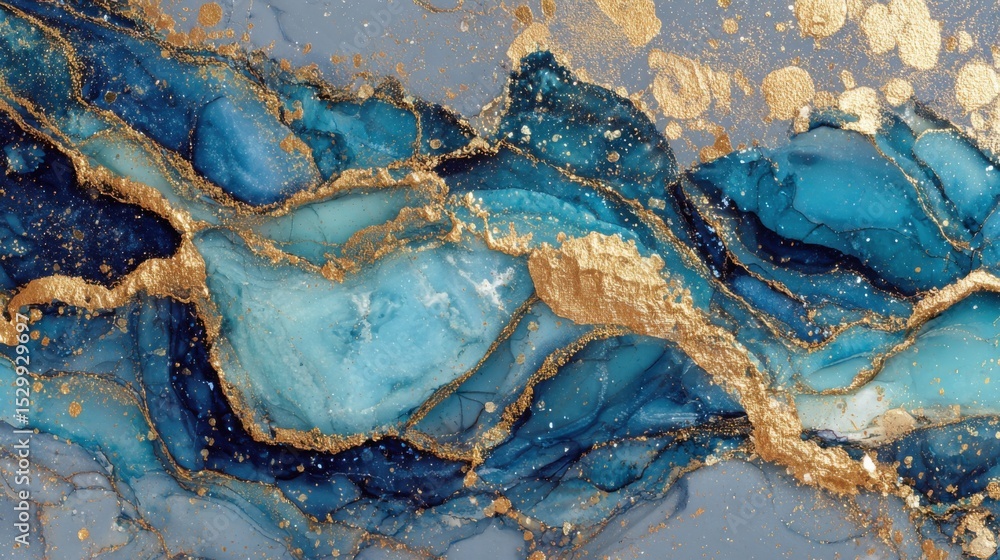 Fototapeta premium An abstract composition showcases rich blue tones interlaced with shimmering gold accents, creating a striking visual effect.